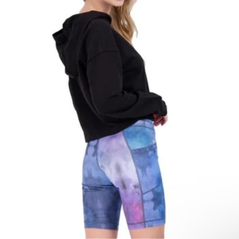 90 Degree Reflex Women’s 2 Piece Black Hoodie and Blue Tie Dye Biker Shorts Set